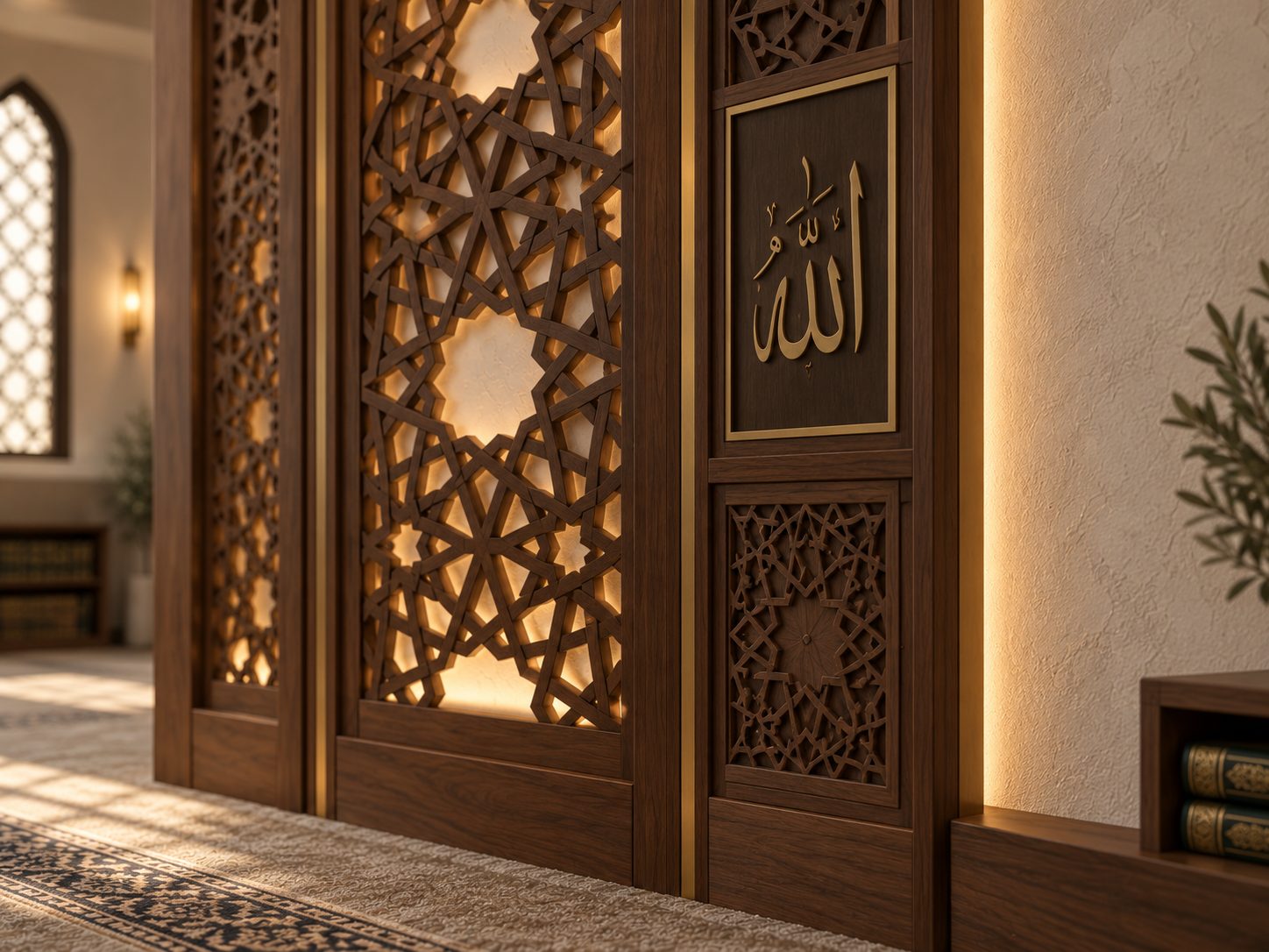 Brass-inlaid calligraphy panel beside a carved walnut screen