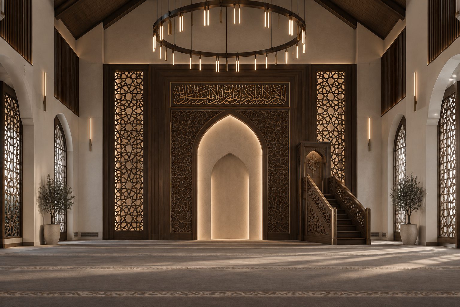 Qibla wall with a brass ring chandelier, lit niche and backlit screens