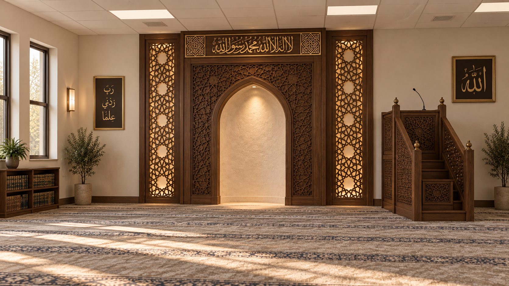 Carved walnut mihrab with a plaster niche, flanked by backlit geometric panels