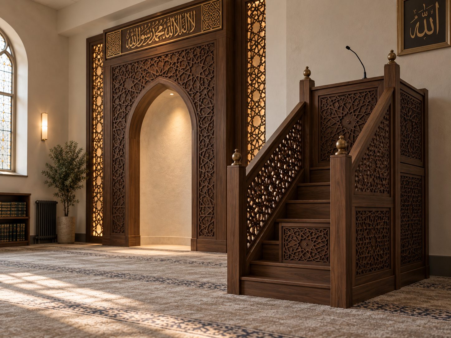 Walnut minbar with pierced geometric balustrades and brass finials