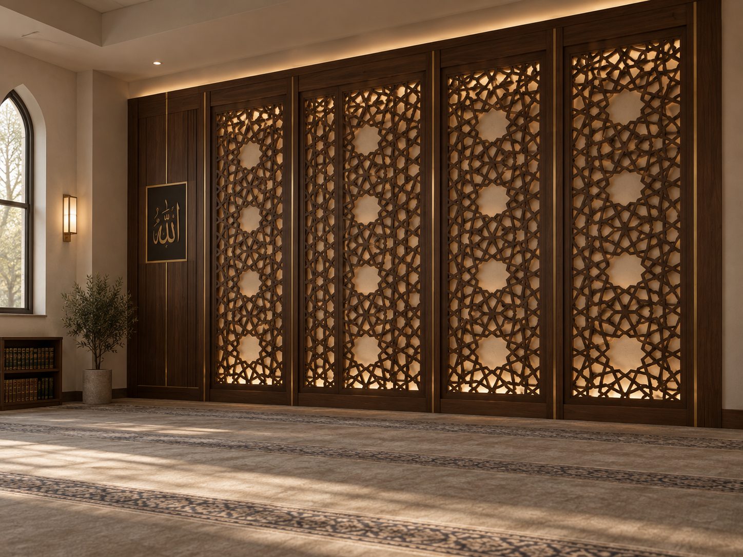 Wall of backlit walnut screens in an eight-pointed star pattern