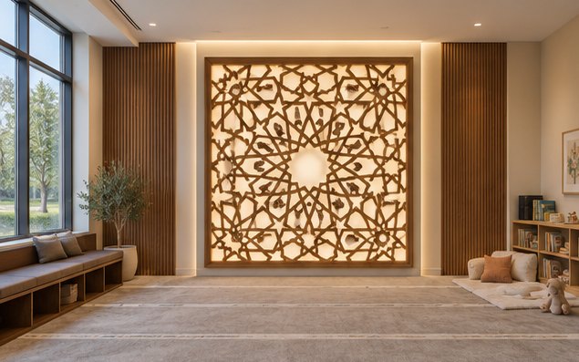 Sisters' prayer hall with a large backlit geometric panel as the focal point, fluted oak, a window bench and a children's corner