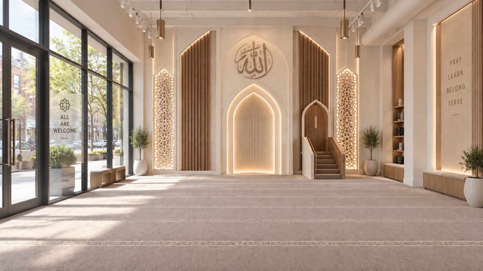 The same storefront with a fluted lit mihrab, wood panels, pierced screens and a modern minbar