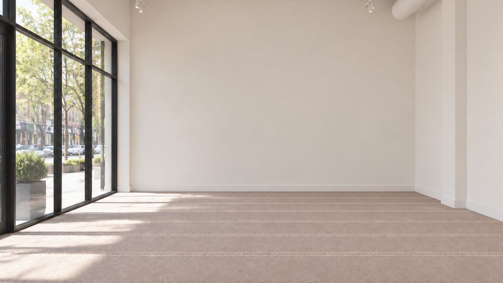 Storefront as purchased: bare wall, track lighting, carpet